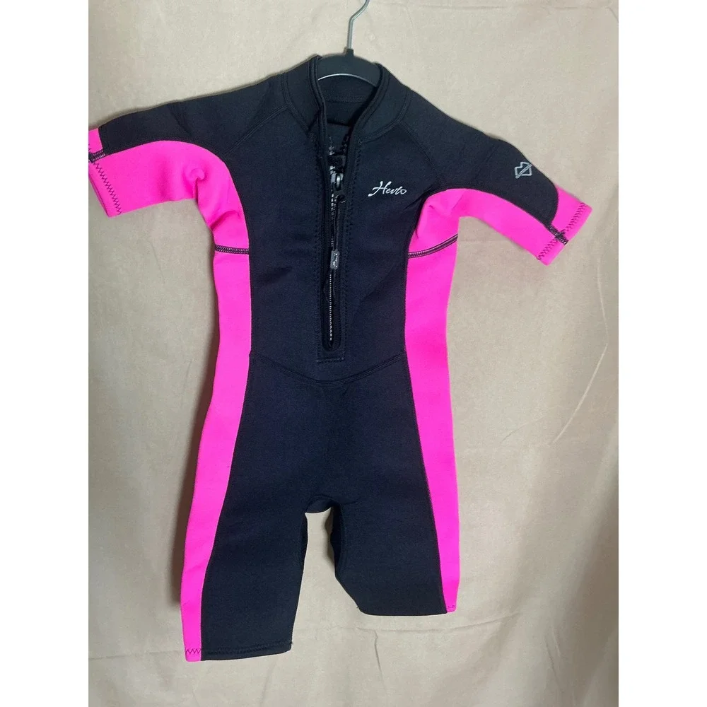 Hevto Wetsuit Shorty Kids Size 6 Black Pink Excellent 2mm Neoprene Front Zip